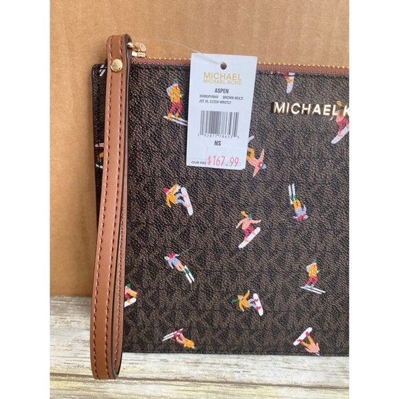 Michael Kors Aspen Ski Print Brown Logo XL Jet Set Clutch Wristlet NEW - Picture 12 of 12